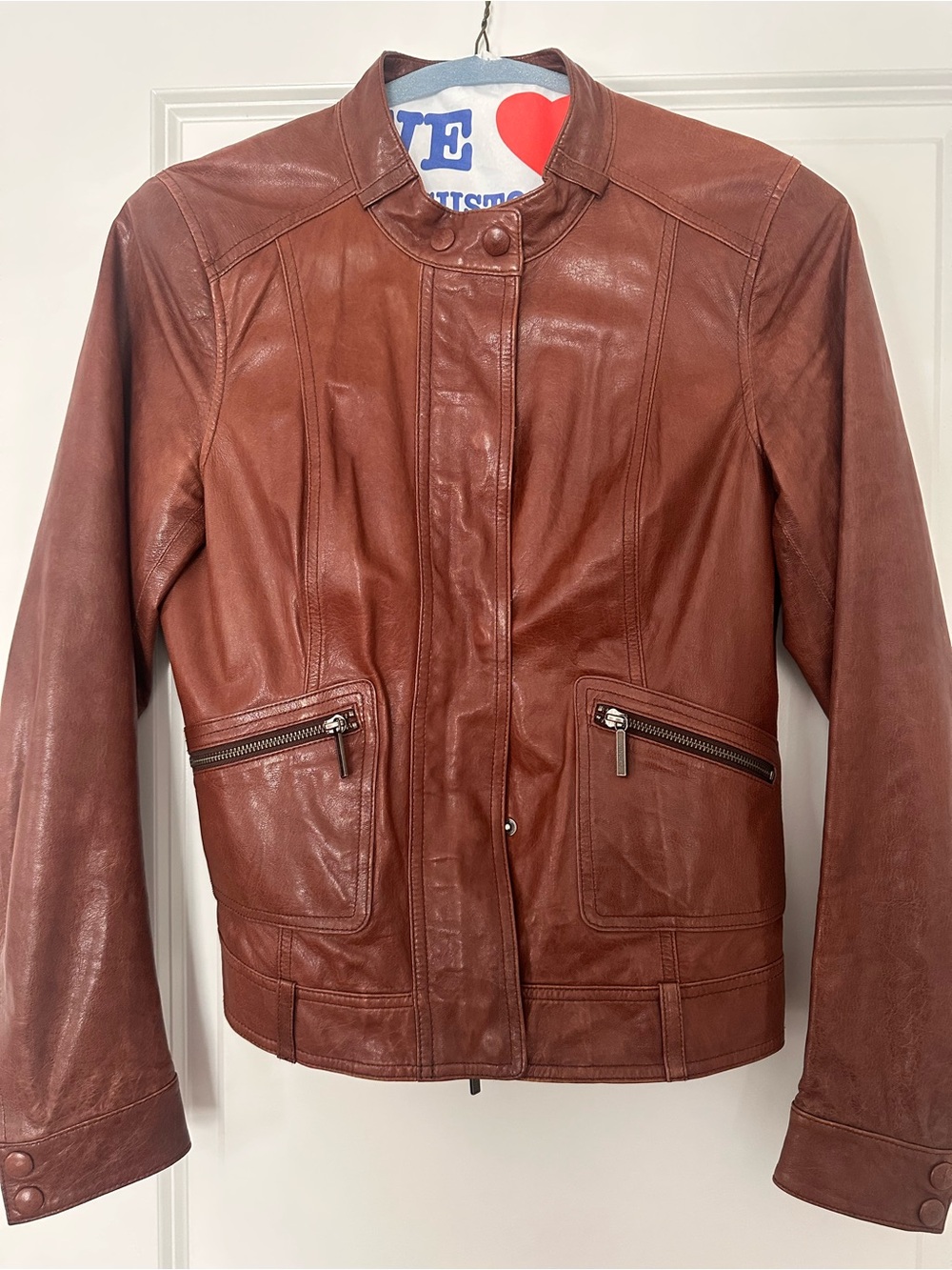 Vince Women's Chestnut Brown Leather Jacket with Zip Pockets